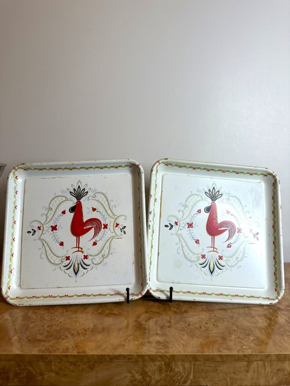 Vintage 1950s Marcelline Stoyke Rooster Metal Serving Trays Set of 2 MCM